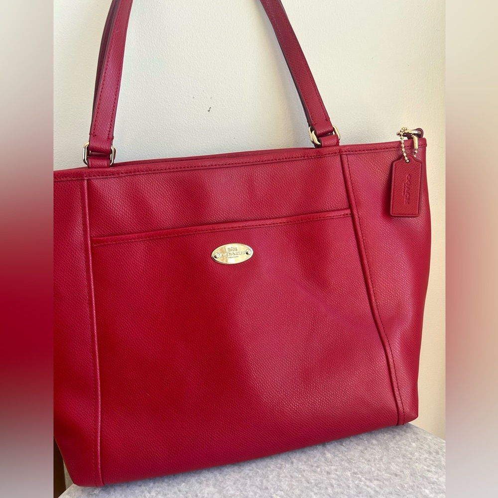 Coach Red Pebbled Leather Tote with Gold Hardware